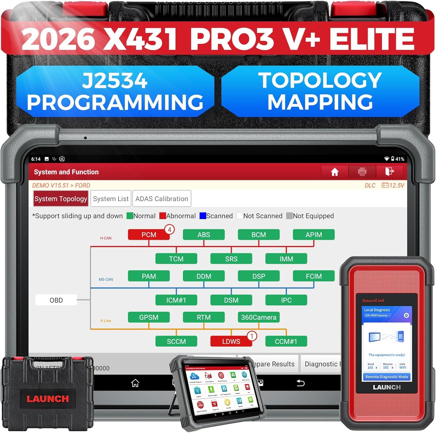 Launch X431 PRO3 V+ Elite, 2026 SmartlinkC 2.0 Bidirectional Scan Tool with J2534 Portocol, HD Trucks Scanner, 10.1 inch, Topology Map, 60+Service, Online Code, CANFD/DoIP/D-PDU, FCA, 2 Yrs Update