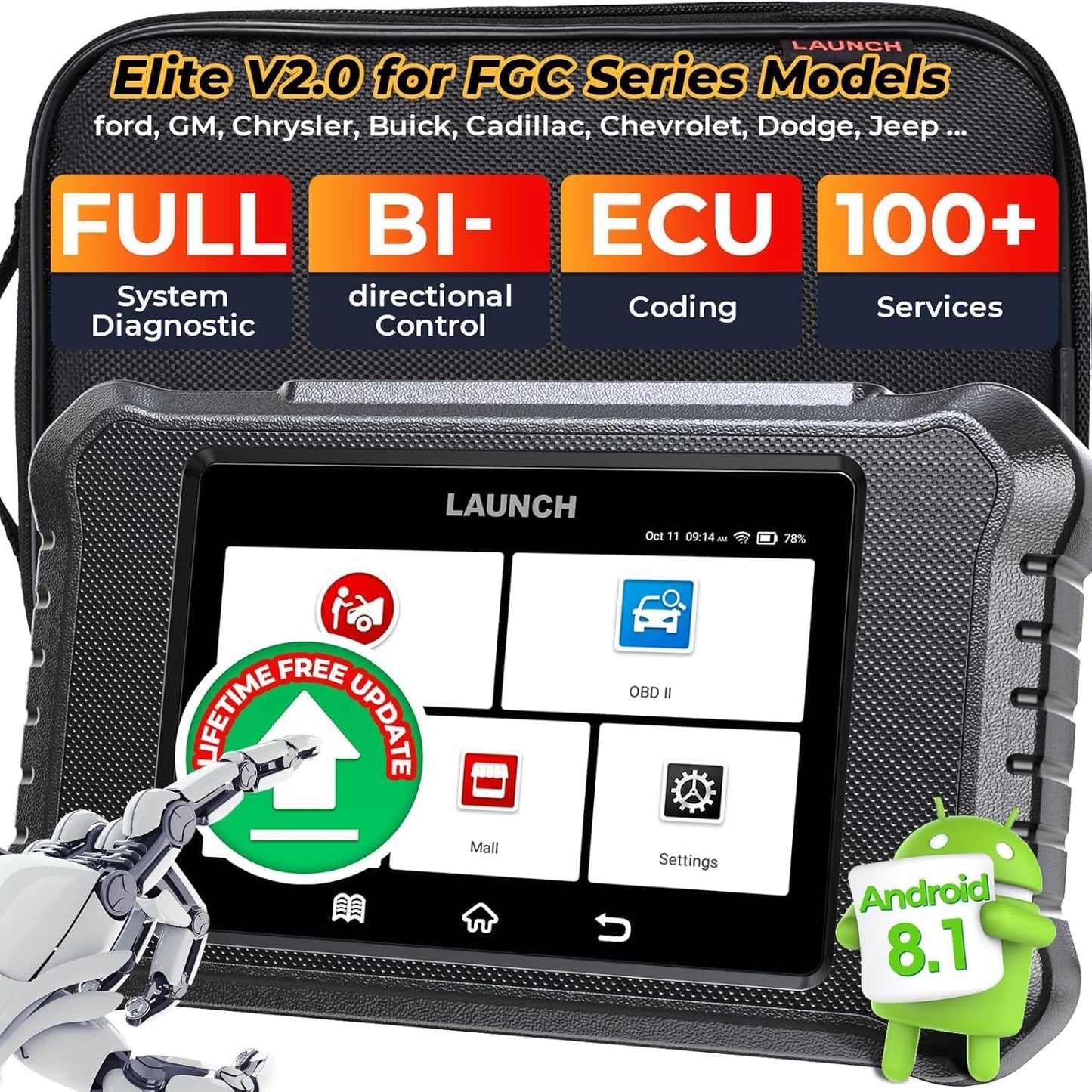 2025 LAUNCH X431 Creader Elite 2.0 PRO FGC OBD2 Scanner, Full System Diagnostic Tool for F0rd, G.M, Chrysler, Bi-Directional Control, 100+ F.ree Resets, , AUTOVIN, ECU Coding, Lifetime F.ree Updates