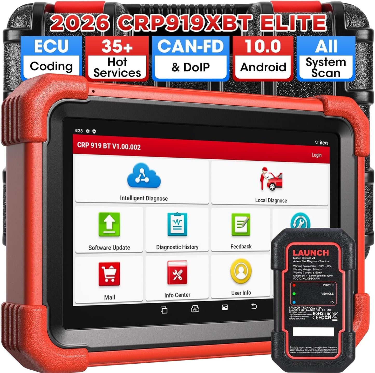 Launch X431 CRP919XBT ECU Coding OBD2 Scanner, All System Bidirectional Scan Tool, 35+ Hot Services, CANFD DOIP FCA SGW, 150 Brands, Android 10, 2 Years Upgrades