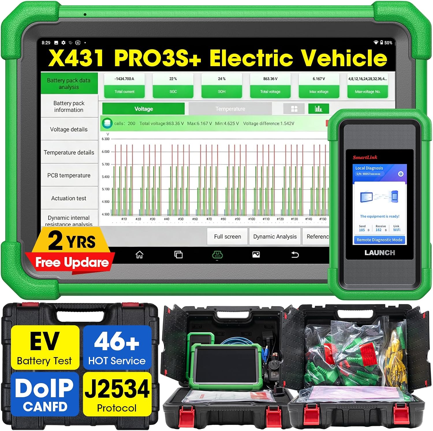 Launch X431 PRO3S+ EV Bidirectional Scanner J2534 Protocol for Electric Car | Full System Battery Packs Test, CANFD&DoIP, ECU Code, 3000+ Active Test, 46+ Reset, FCA AutoAuth, 2Yrs F-ree Update, for EVs